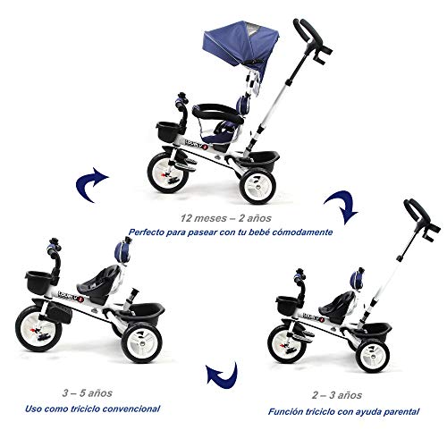 HOMCOM Triciclo Bebé 4 en 1 Trolley Trike Bicicletas para Niños +18 Mes Evolutivo Asiento Giratorio Capota Barra Desmontable Control Parental Juguete Aprendizaje