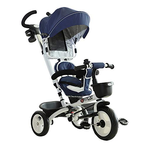 HOMCOM Triciclo Bebé 4 en 1 Trolley Trike Bicicletas para Niños +18 Mes Evolutivo Asiento Giratorio Capota Barra Desmontable Control Parental Juguete Aprendizaje