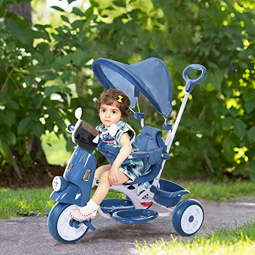 HOMCOM Triciclo Evolutivo Infantil Silla de Paseo Infantil con Función de Luz y Música Barra de Seguridad y Toldo Retráctil Asiento Giratorio 360° 93x51x94 cm Azul