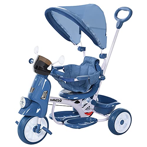 HOMCOM Triciclo Evolutivo Infantil Silla de Paseo Infantil con Función de Luz y Música Barra de Seguridad y Toldo Retráctil Asiento Giratorio 360° 93x51x94 cm Azul