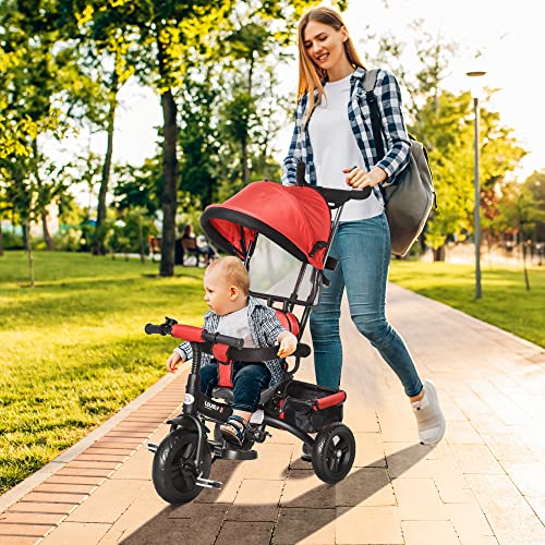 HOMCOM Triciclo para Bebé 4 en 1 Bicicleta para +18 Meses con Capota Manija de Empuje Ajustable Barra Extraíble Reposapiés Plegable Canasta de Almacenaje 92x51x110 cm Rojo