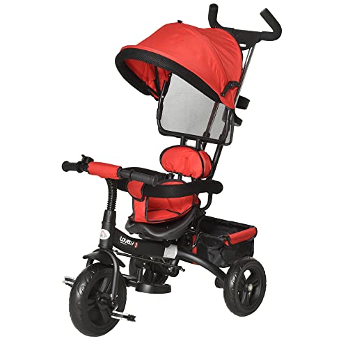 HOMCOM Triciclo para Bebé 4 en 1 Bicicleta para +18 Meses con Capota Manija de Empuje Ajustable Barra Extraíble Reposapiés Plegable Canasta de Almacenaje 92x51x110 cm Rojo