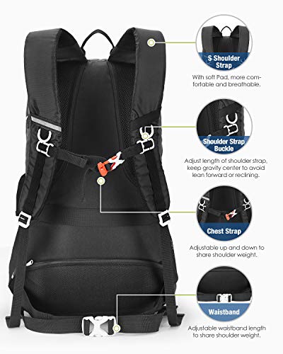 HOMIEE Mochila de Senderismo de 45L, Bolsa de Nylon para Caminatas con Bolsillo para computadora portátil, Adecuada para Caminatas, excursiones, Deportes al Aire Libre, Estilo único Impermeable(negro)