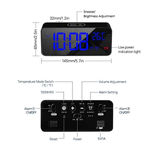 HOMVILLA Reloj Despertador Digital con Pantalla LED de Temperatura, Alarma de Espejo Portátil con Alarma Doble Tiempo de Repetición 4 Niveles de Brillo Regulable Dimmer 13 Música Puerto de Carga