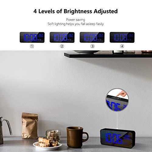 HOMVILLA Reloj Despertador Digital con Pantalla LED de Temperatura, Alarma de Espejo Portátil con Alarma Doble Tiempo de Repetición 4 Niveles de Brillo Regulable Dimmer 13 Música Puerto de Carga