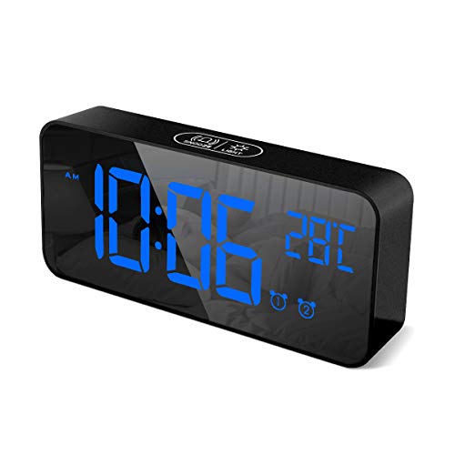 HOMVILLA Reloj Despertador Digital con Pantalla LED de Temperatura, Alarma de Espejo Portátil con Alarma Doble Tiempo de Repetición 4 Niveles de Brillo Regulable Dimmer 13 Música Puerto de Carga