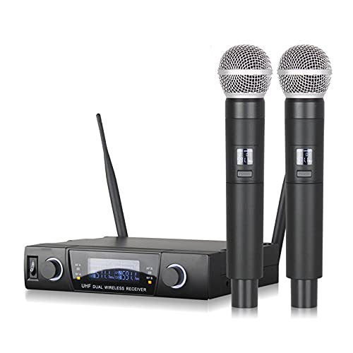 HONGFEISHANGMAO Micrófonos Sistema de micrófono inalámbrico Dual Profesional Karaoke Mic Cardioid Micrófono de Mano dinámico para el Partido Etapa de actuaciones Inalámbrico