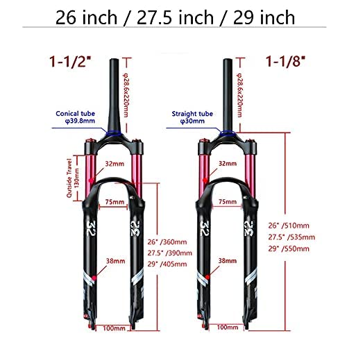 Horquilla de Aire Amortiguador de Bicicleta Horquilla de Aire, 26/27.5/29 Pulgadas, 130 mm de Recorrido 1-1/8"Control de Cable Ajuste de Rebote 9 mm QR para MTB BIKEe Accesorios