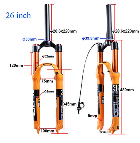 Horquilla de suspensión de Bicicleta MTB, 26'' Horquilla Delantera de Bicicleta de montaña Horquilla de aleación con amortiguación de Choque Horquilla cónica (Bloqueo Manual)