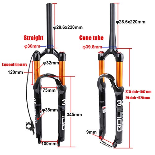 Horquilla de suspensión MTB para Bicicleta 26/27.5/29" Tubo Recto 28.6Recorrido 120 mm Ultraligero Horquilla de Bicicleta MTB Horquilla neumática D,29nich