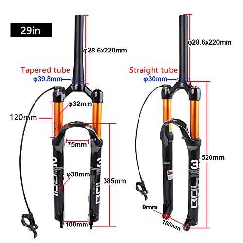 Horquilla Delantera Suspensión Bicicleta Montaña,Horquilla Delantera Neumática MTB 26/27,5/29 Pulgadas Ajuste Control Cable,Engranaje Dirección Sin Rosca 120 Mm Carrera Y 28,6 Mm,tapered tube 29"