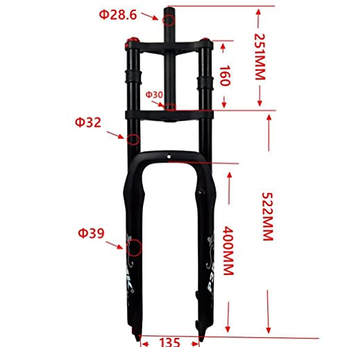 Horquilla Gruesa para Bicicleta de Nieve de Playa de 26 Pulgadas para neumáticos de Grasa 4.0 1-1/8"E-Bike Suspensión de Hombro Doble Horquilla neumática Ajuste de amortiguación Fren