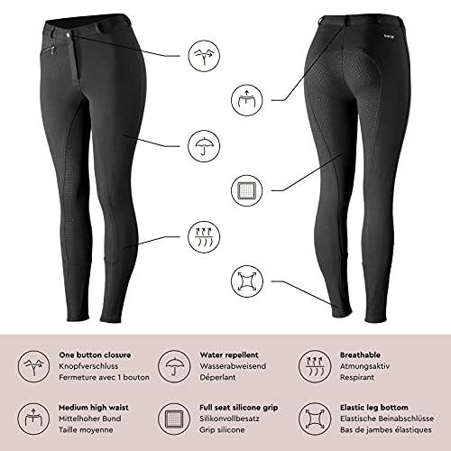 HORZE Pantalones de Montar Active para Mujer con Asiento Completo de Silicona, Bolsillos con Cremallera y bajo elástico, Todas Las Tallas, Negro, 42