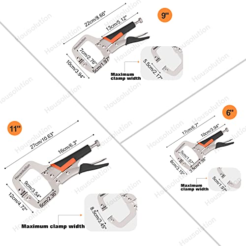 Housolution [3 PZS] Alicates de Sujeción de Acero de Alto Carbono, Abrazadera en C con Mango de Goma Antideslizante y Almohadillas Giratorias para Instala Solda y DIY, 6” 9” y 11” - Negro y Naranja