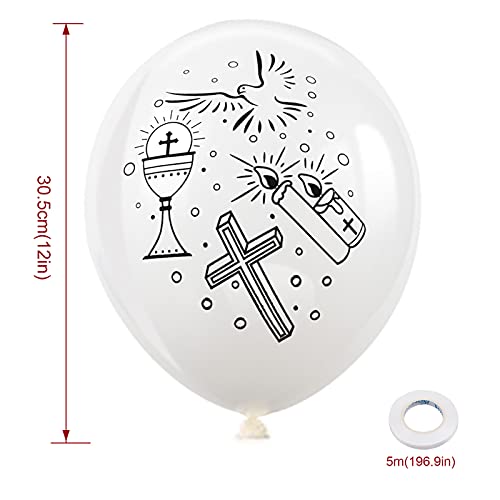 HOWAF Communion Balloon, 30 Pieces Baptism Balloons, Communion Balloons, Latex Balloon Printed with Dove Candle Cross, First Communion Decoration Communion Decoration Girl Boy White Balloon