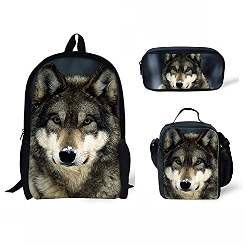 Howilath Mochila escolar de animales para niños, 3 unidades, 17 pulgadas Galaxy Floral mochila para niños, lobo, 17 inch (3PCS Set), Juego de bolsos escolares