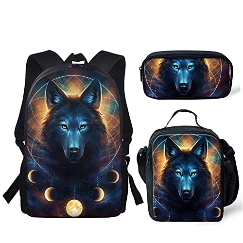 Howilath T-rex - Mochila para niños escolares, diseño de lobo de 17 pulgadas, bolsa escolar con bolsa de almuerzo, Luna de lobo, 17 inch (3PCS Set), Juego de bolsos escolares