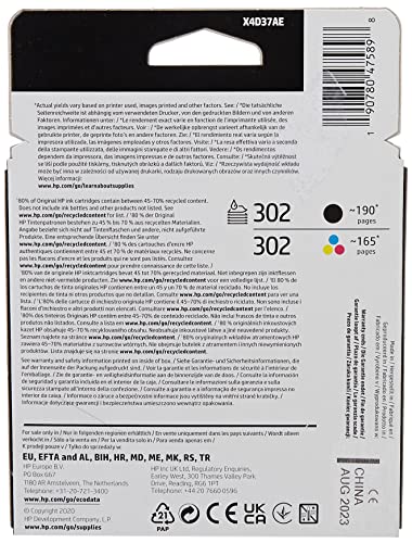 HP 302 X4D37AE, Negro y Tricolor, Pack de 2, Cartuchos de Tinta Originales, Compatible con impresoras de inyección de tinta HP DeskJet 1110, 2130, 3630; HP ENVY 4520; HP OfficeJet 3830, 4650, 5220