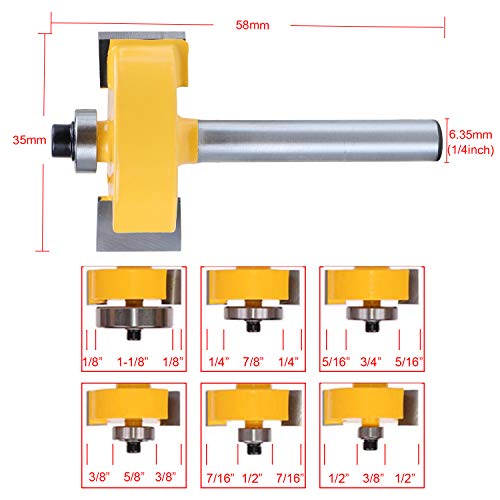 HSEAMALL Broca de fresado de 1/4 pulgadas con 6 rodamientos intercambiables, herramientas de fresado para carpintería de 1/8", 1/4", 5/16", 3/8", 7/16", 1/2"