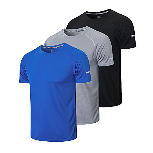 HUAKANG 3 Piezas Camiseta Hombre de Manga Corta Camiseta Hombre de Secado Rápido Ropa Deportiva Hombre para Correr(Black Grey Blue -L)