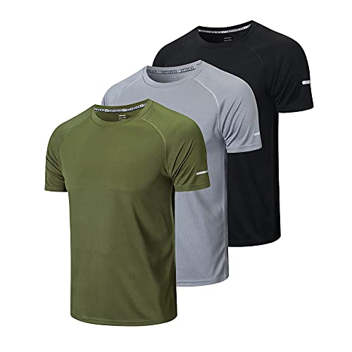 HUAKANG 3 Piezas T-Shirts de Manga Corta Camiseta Hombre de Secado Rápido Ropa Deportiva Hombre para Correr(Black Grey Green-L)