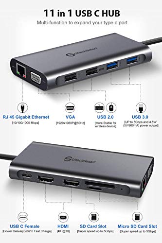 Hub USB C, UtechSmart 11 en 1 Docking Station Adaptador USB tipo C de Triple Pantalla con 2 4K HDMI, VGA, 100W PD, Lector de Tarjetas SD TF, 4 puertos USB Compatible con MacBook, Dispositivos USB C