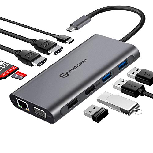 Hub USB C, UtechSmart 11 en 1 Docking Station Adaptador USB tipo C de Triple Pantalla con 2 4K HDMI, VGA, 100W PD, Lector de Tarjetas SD TF, 4 puertos USB Compatible con MacBook, Dispositivos USB C