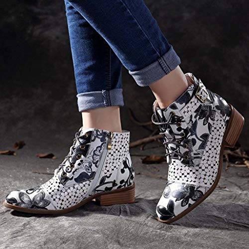 HULKY Botas Retro de Mujer Bohemia Botines de Cuero Impresión Botas de Moto Vintage Zapatos con Cordones Puntiagudos Mujeres 2019 Nuevo(gris,35)