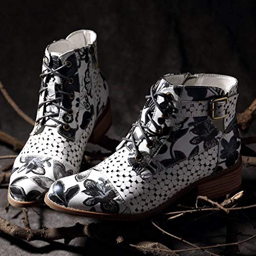 HULKY Botas Retro de Mujer Bohemia Botines de Cuero Impresión Botas de Moto Vintage Zapatos con Cordones Puntiagudos Mujeres 2019 Nuevo(gris,35)