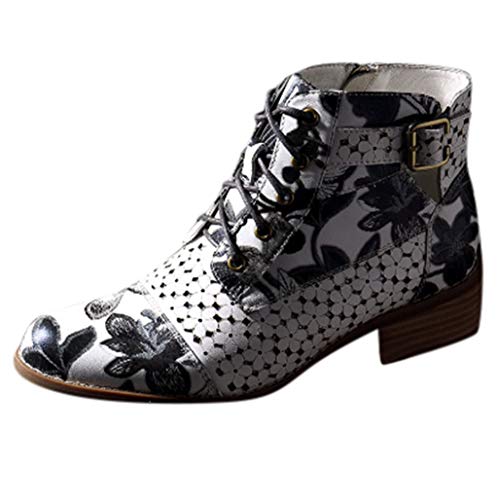 HULKY Botas Retro de Mujer Bohemia Botines de Cuero Impresión Botas de Moto Vintage Zapatos con Cordones Puntiagudos Mujeres 2019 Nuevo(gris,35)