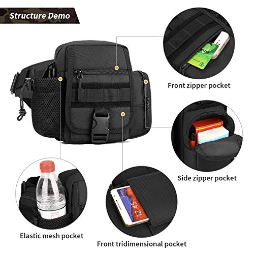 HUNTVP 2in1 Táctical Bolso de Cintura Bolsa de Riñonera Mochila de Bandolera Estilo Militar Molle Bolsa de Múltiple Función Impermeable para Aire Libre Correr Senderismo Ciclismo Camping, Negro