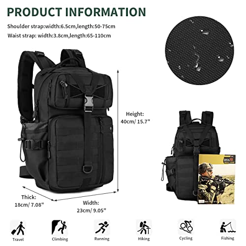 HUNTVP 30L Táctical Backpack Mochila de Asalto Mochila de Marcha Molle Militar Gran Bolsa de Hombro Impermeable para Las Actividades Aire Libre Senderismo - Negro
