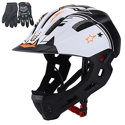 HVW Casco De Bicicleta para Niños, Casco Integral De Bicicleta con Luces Traseras Guante De Mentonera Desmontable Casco De Bicicleta De Ciclismo Edades 5-14 Casco De Scooter para Niñas Y Niños,A