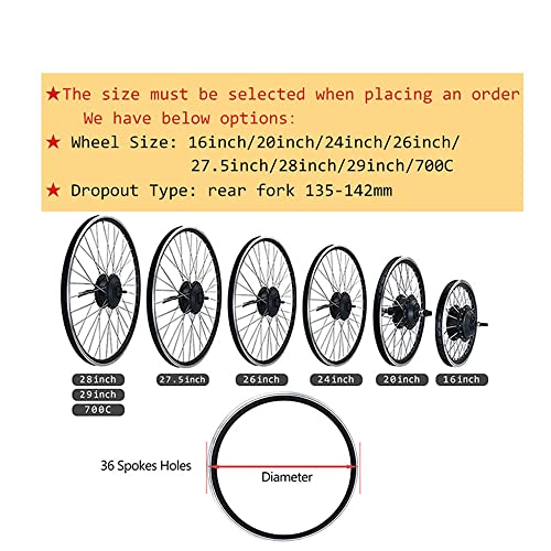 HYCy Kit de Bicicleta eléctrica 36V 350W Motor de rotación Delantera/Trasera Rueda sin escobillas Motor de Cubo de radios sin Engranajes 20"24" 26"27,5" 28"29" 700C con Pantalla LE