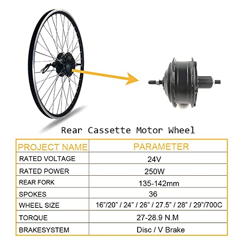 HYCy Kit de Bicicleta eléctrica 36V 350W Motor de rotación Delantera/Trasera Rueda sin escobillas Motor de Cubo de radios sin Engranajes 20"24" 26"27,5" 28"29" 700C con Pantalla LE