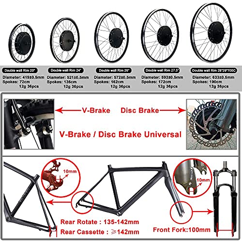 HYCy Kit de Bicicleta eléctrica 48V 1500W Motor de Giro Trasero Rueda Sin escobillas Sin Engranajes Motor de Cubo de radios 20"24" 26"27.5" 28"29" 700C con Pantalla KT-LCD8H Kit de c