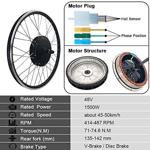 HYCy Kit de Bicicleta eléctrica 48V 1500W Motor de Giro Trasero Rueda Sin escobillas Sin Engranajes Motor de Cubo de radios 20"24" 26"27.5" 28"29" 700C con Pantalla KT-LCD8H Kit de c