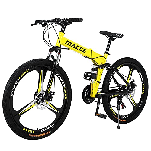 Hyhome Bicicletas de montaña plegables para adultos, ruedas de 26 pulgadas, 3 radios de 27 velocidades, bicicleta de freno de disco dual para hombres y mujeres (amarillo)