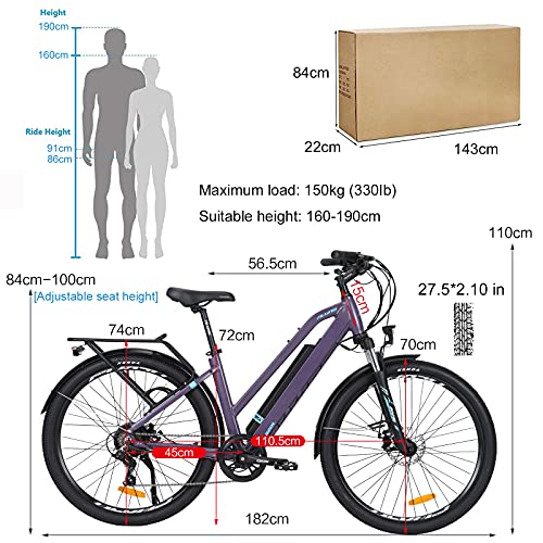 Hyuhome Bicicletas Eléctricas Para Adultos Hombres Mujeres, 27,5" E-bicicleta Montaña E-MTB 250W 36V 12.5Ah,Frenos Disco Dobles Shimano de 7 Speed(250W12.5A, 820 L)