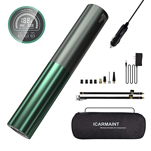 ICARMAINT Mini Compresor de Aire Portátil 120PSI Bomba de Aire Eléctrica Bicicleta 3000mAh Inflador Electrico Recargable para Automóvil, Moto, Pelota, con LED y Pantalla LCD Digital 12V DC