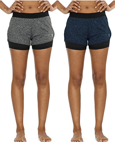 icyzone 2 en 1 Pantalón Corto Casual para Mujer Verano para Correr, Pack de 2 para Yoga Fitness Correr -S-Carboncillo/Azul Real