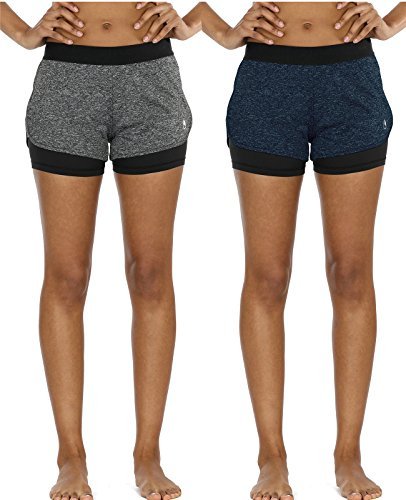 icyzone 2 en 1 Pantalón Corto Casual para Mujer Verano para Correr, Pack de 2 para Yoga Fitness Correr -S-Carboncillo/Azul Real