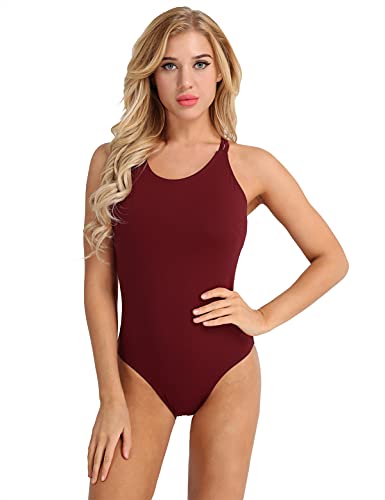 IEFIEL Maillot Ballet Mujer De Tirantes Maillot Elástico de Gimnasia Ritmica Body Ajustado de Danza Clásica Leotardo Baile Ballet para Chicas Vino S