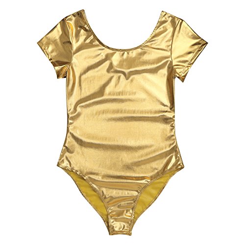 IEFIEL Maillot de Danza Ballet Body de Una Pieza Wetlook Gimnasia Leotardo Maillot Charol Elástico Manga Larga/Corta Maillot Danza Gimnasia Monos Bodycon Dorado A XL