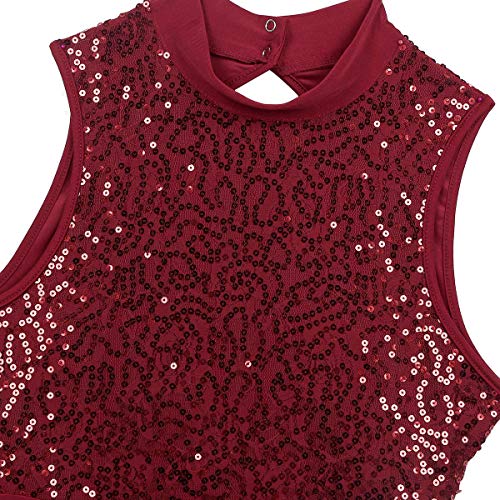 IEFIEL Maillot Lentejuelas de Danza Ballet para Mujer Maillot Sin Manga con Falda Irregular de Patinaje Artistico Vestido de Baile Latino Rojo Vino Medium