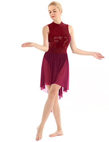 IEFIEL Maillot Lentejuelas de Danza Ballet para Mujer Maillot Sin Manga con Falda Irregular de Patinaje Artistico Vestido de Baile Latino Rojo Vino Medium