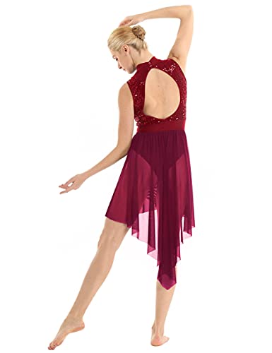 IEFIEL Maillot Lentejuelas de Danza Ballet para Mujer Maillot Sin Manga con Falda Irregular de Patinaje Artistico Vestido de Baile Latino Rojo Vino Medium