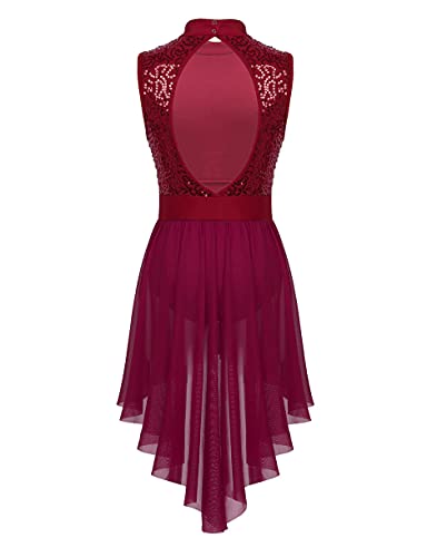 IEFIEL Maillot Lentejuelas de Danza Ballet para Mujer Maillot Sin Manga con Falda Irregular de Patinaje Artistico Vestido de Baile Latino Rojo Vino Medium