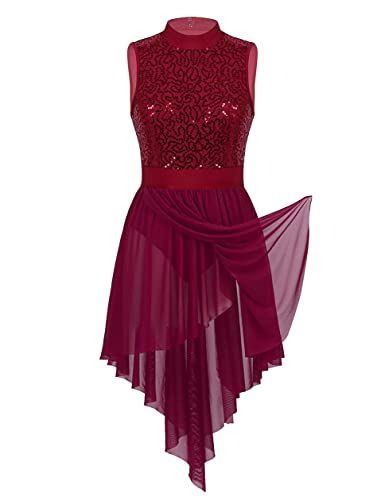 IEFIEL Maillot Lentejuelas de Danza Ballet para Mujer Maillot Sin Manga con Falda Irregular de Patinaje Artistico Vestido de Baile Latino Rojo Vino Medium