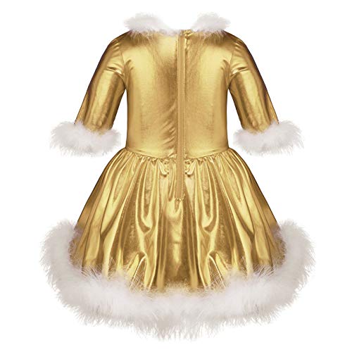 IEFIEL Niña Vestido de Fiesta Navidad Disfraz de Papá Noel Vestido de Danza Ballet Manga Larga para Niña Maillot Brillante de Gimnasia Rítmica Dorado 5-6 años